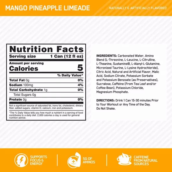 Optimum Nutrition ESSENTIAL AMIN.O. ENERGY+ Electrolytes Sparkling Mango Pineapple Lime 355ml * 12 Cans (12 Servings) Philippines | 53846-OZNA