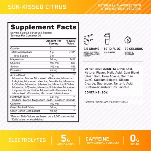 Optimum Nutrition Essential AMIN.O. ENERGY + Electrolytes *new* Sun-kissed Citrus 0.63 lb (30 Servings) Philippines | 62084-ZEYM