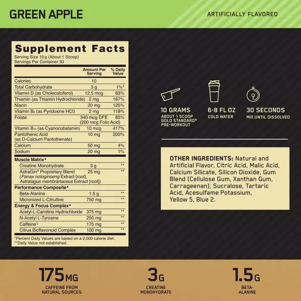 Optimum Nutrition GOLD STANDARD® Pre-Workout Green Apple 0.66 lb (30 Servings) Philippines | 73260-SDVG