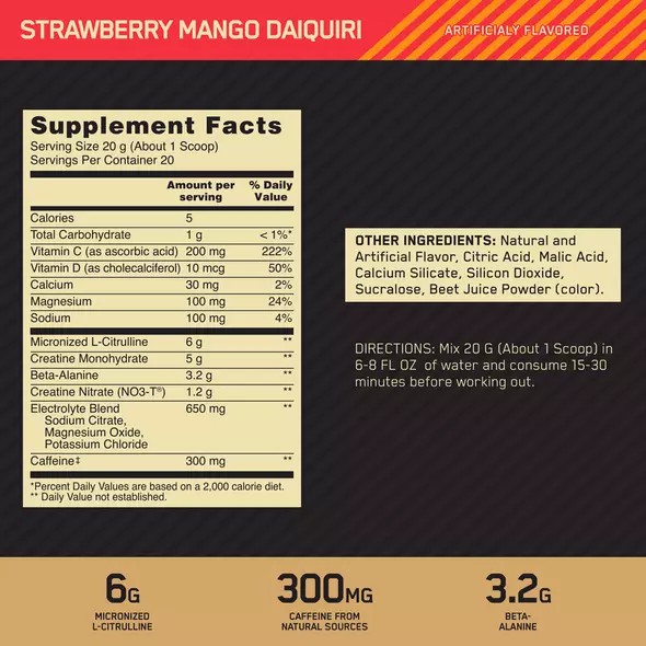 Optimum Nutrition GOLD STANDARD® Pre Advanced Strawberry Mango Daiquiri 0.88 lb (20 Servings) Philippines | 01834-INEF