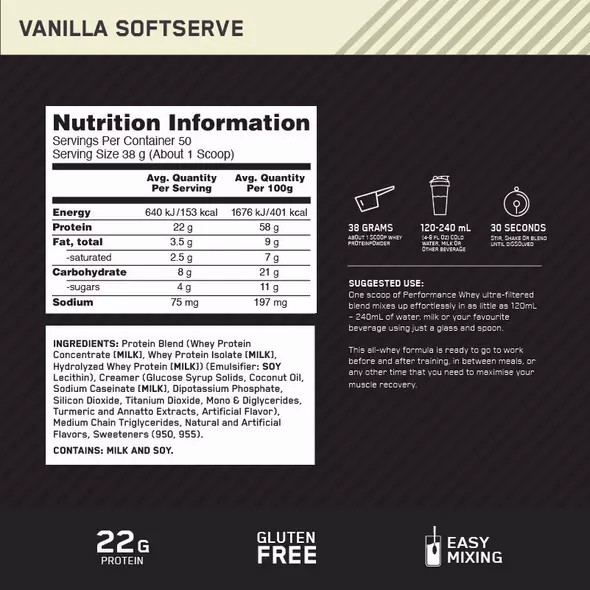 Optimum Nutrition Performance Whey Vanilla 1.95kg Philippines | 10423-OCLX